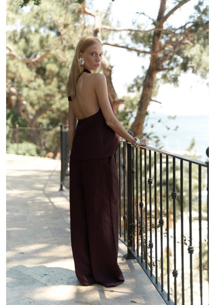 Prasetsah Bağlamalı Bordo Crop Pantolon Takım