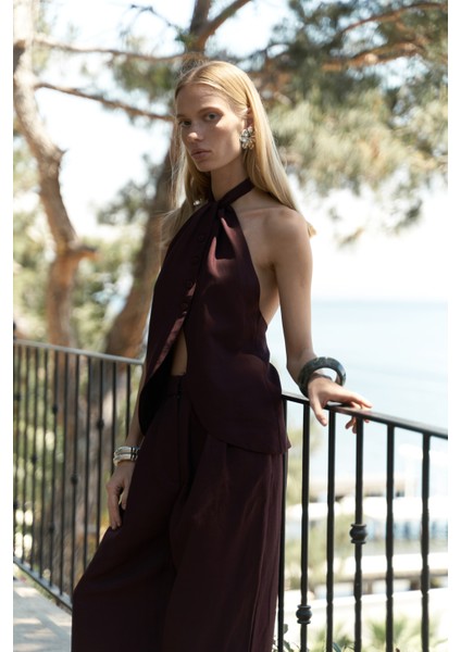 Prasetsah Bağlamalı Bordo Crop Pantolon Takım