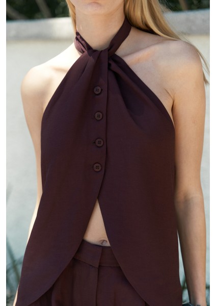 Prasetsah Bağlamalı Bordo Crop Pantolon Takım