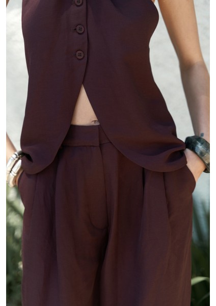 Prasetsah Bağlamalı Bordo Crop Pantolon Takım