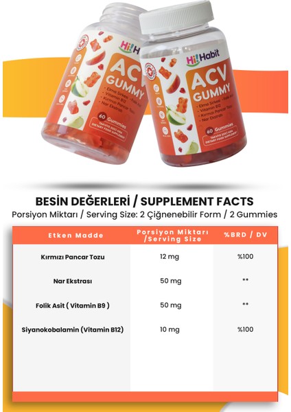 Elma Sirkesi İçeren Vegan Gummy 2'li Set – Folik Asit ve B12 Vitaminli Takviye Edici Gıda 60 Adet