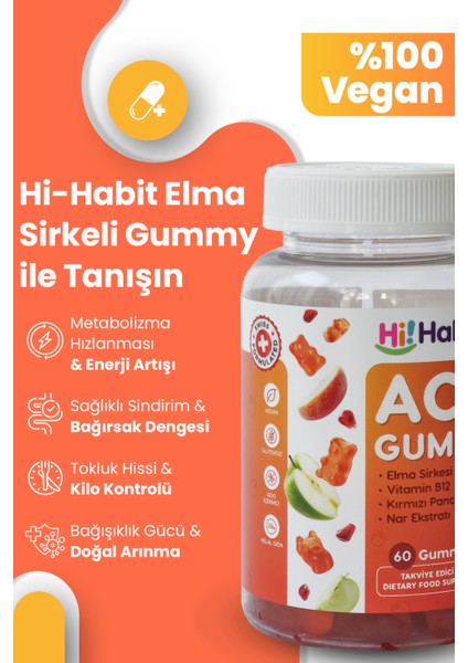 Elma Sirkesi İçeren Vegan Gummy 2'li Set – Folik Asit ve B12 Vitaminli Takviye Edici Gıda 60 Adet