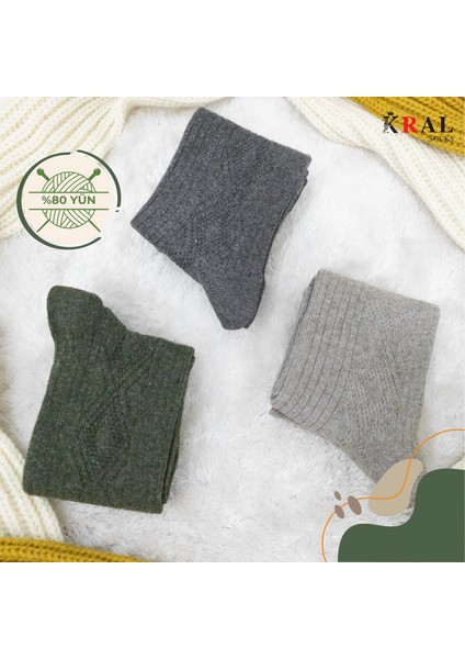 Thermal Etkili Ince Örgülü Kışlık Çorap, Lambswool Yünlü (Kuzu Yünlü) 3 Çift