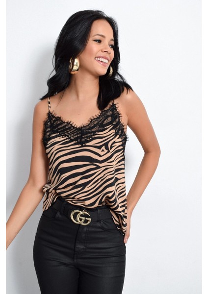 Kadın Camel Zebra Desenli Dantelli Atlet LPP5008