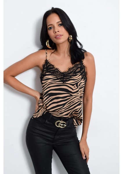 Kadın Camel Zebra Desenli Dantelli Atlet LPP5008 fiyatları