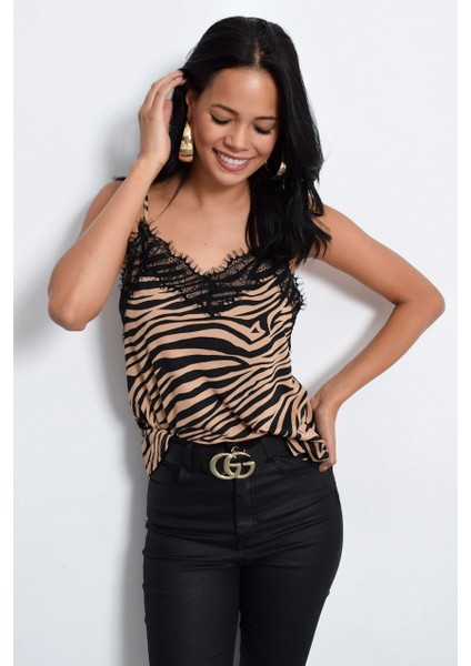 Kadın Camel Zebra Desenli Dantelli Atlet LPP5008 modelleri