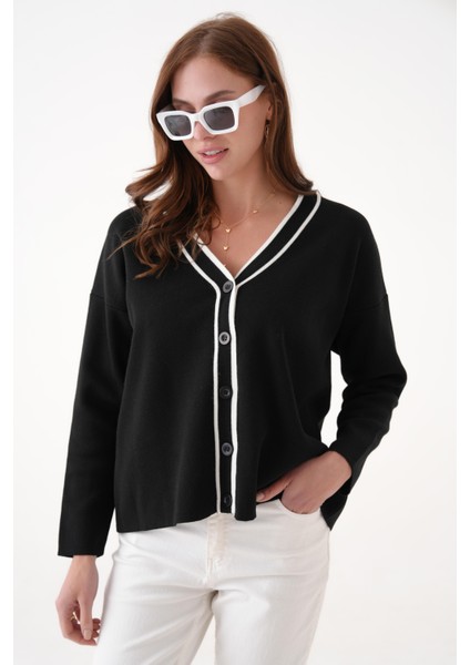 Kontrast Şeritli V Yaka Triko Hırka