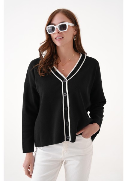 Kontrast Şeritli V Yaka Triko Hırka modelleri