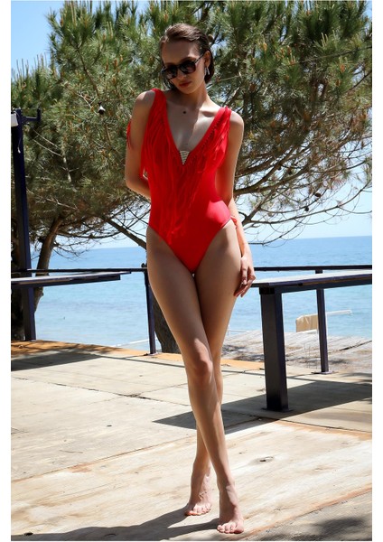 Kadın Püsküllü Mayo Kırmızı 34023 fırsatları