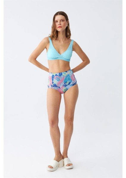 Akbeniz Kadın Pedli Üst Tropik Desenli Yüksek Bel Bikini Takımı - Buz Mavisi
