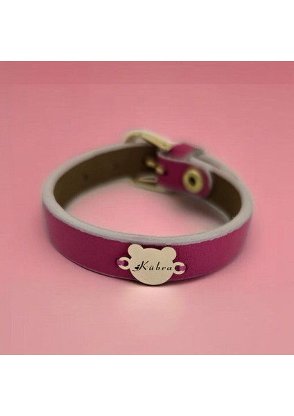 Kübra İsmine Özel 14 Ayar Altın Plakalı Doğal Pembe Derili Ayıcık Motifli Hediye Bileklik-458İsim fiyatları
