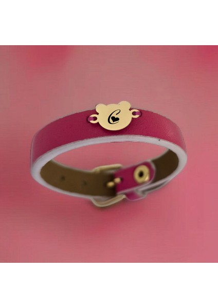 C Harfine Özel 14 Ayar Altın Plakalı Doğal Pembe Derili Ayıcık Motifli Hediye Bileklik-458Harf fiyatları