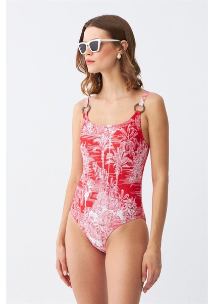 Kadın Kırmızı Tropikal Desenli Aksesuar Askılı Tek Parça Mayo
