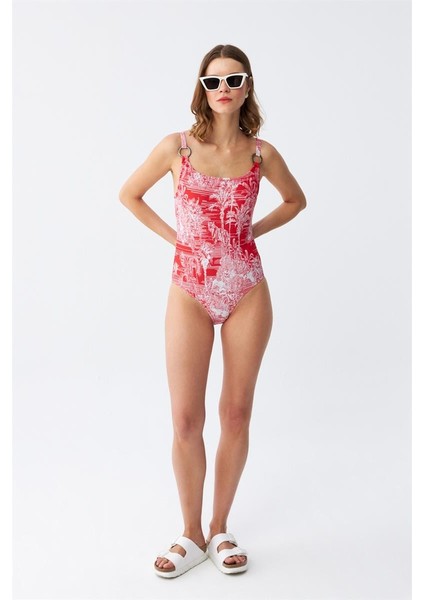 Kadın Kırmızı Tropikal Desenli Aksesuar Askılı Tek Parça Mayo fiyatları