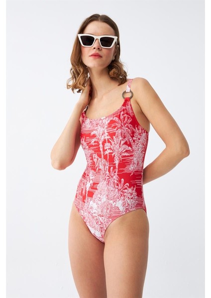 Kadın Kırmızı Tropikal Desenli Aksesuar Askılı Tek Parça Mayo fırsatları
