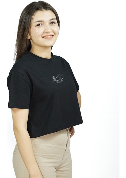 Aerialis Mortem | Siyah Renk Baskılı Crop | Oversize modelleri
