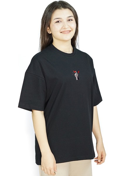 Fingard | Siyah Renk Baskılı Kadın T-Shirt | Oversize modelleri