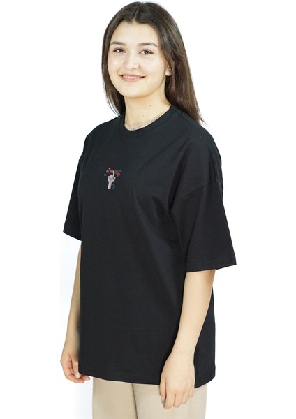 Fingard | Siyah Renk Baskılı Kadın T-Shirt | Oversize fırsatları
