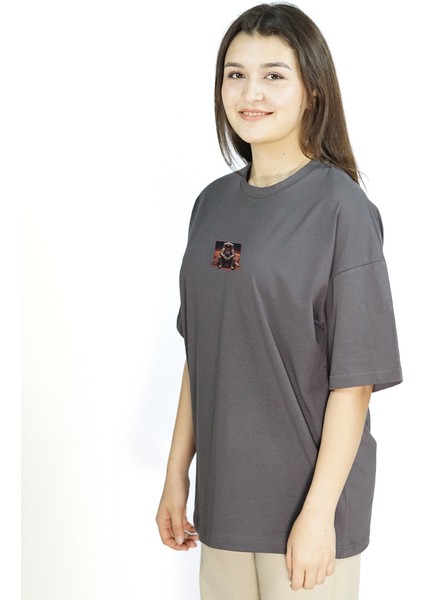Unit Ares | Gri Renk Baskılı Kadın T-Shirt | Oversize fırsatları