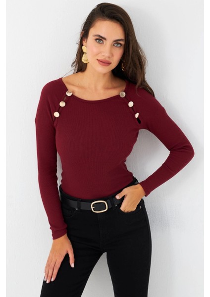 Kadın Bordo Düğme Aksesuarlı Kaşkorse Bluz EY2945
