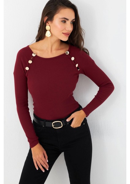Kadın Bordo Düğme Aksesuarlı Kaşkorse Bluz EY2945 modelleri