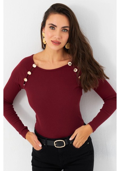 Kadın Bordo Düğme Aksesuarlı Kaşkorse Bluz EY2945 fırsatları