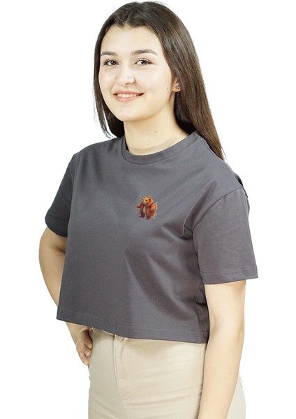Luxfin | Gri Renk Baskılı Crop | Oversize