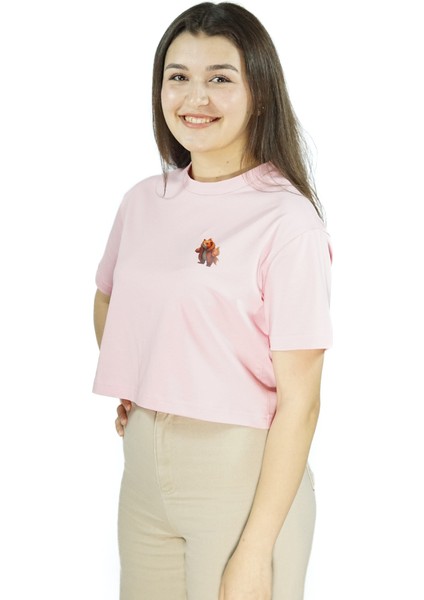Luxfin | Pembe Renk Baskılı Crop | Oversize fırsatları