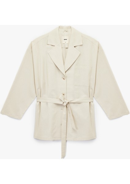 Uzun Kollu Düğmeli Kemerli Cep Detaylı Keten Oversize Ceket