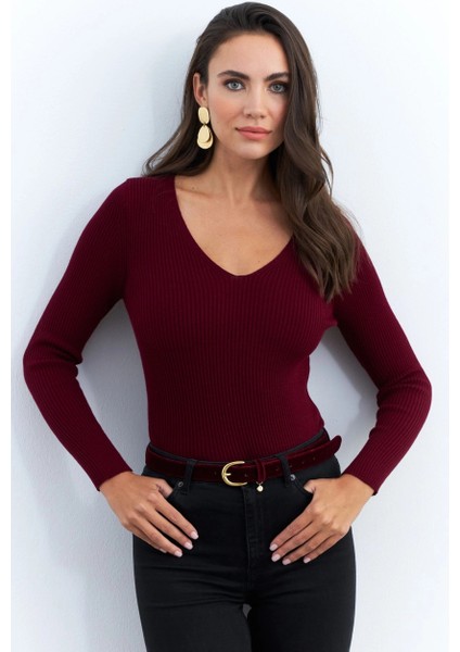 Kadın Bordo V Yaka Triko Bluz YV284
