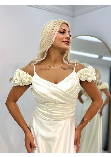 Madonna Yaka Derın Yırtmaclı Saten Abıye modelleri