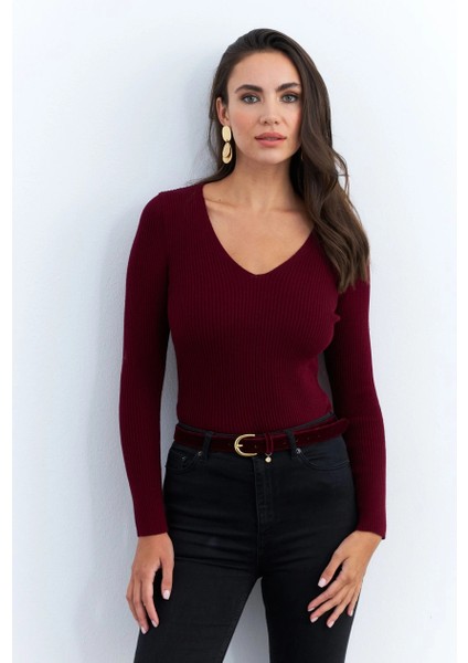 Kadın Bordo V Yaka Triko Bluz YV284 modelleri