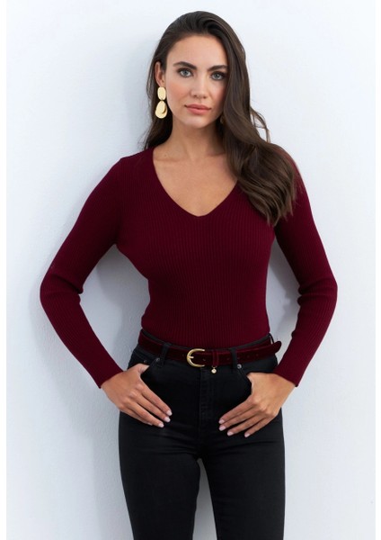 Kadın Bordo V Yaka Triko Bluz YV284 fırsatları