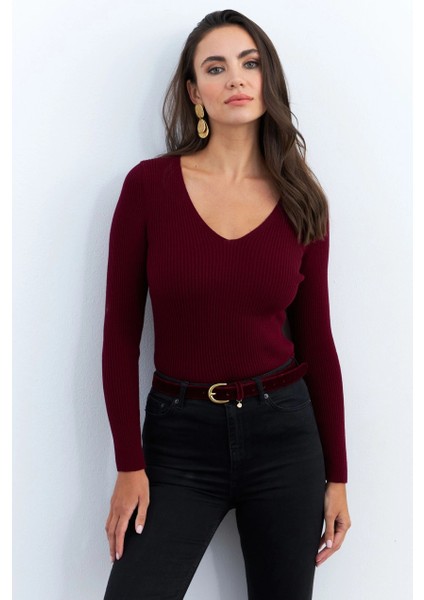 Kadın Bordo V Yaka Triko Bluz YV284 indirimleri