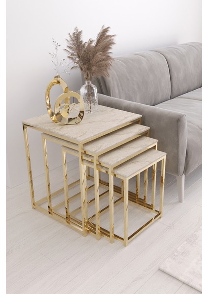 Duru 4'lü Kare Zigon Sehpa Seti Gold Ayak, Traverten Mdf