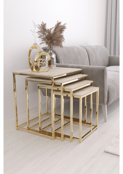 Duru 4'lü Kare Zigon Sehpa Seti Gold Ayak, Traverten Mdf fiyatları