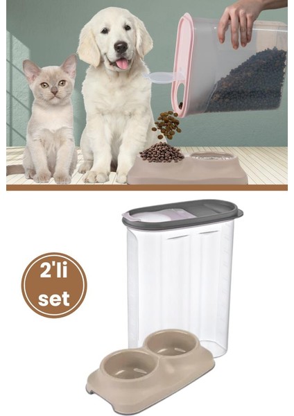 Evcil Hayvan Kedi Köpek Mama Erzak Saklama Kabı ve Mama Su Kabı 2’li Set