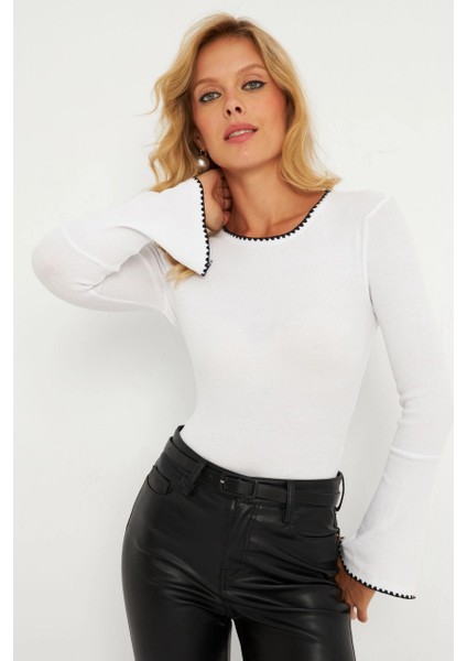 Kadın Beyaz Ispanyol Kol Biyeli Kaşkorse Bluz MXL14