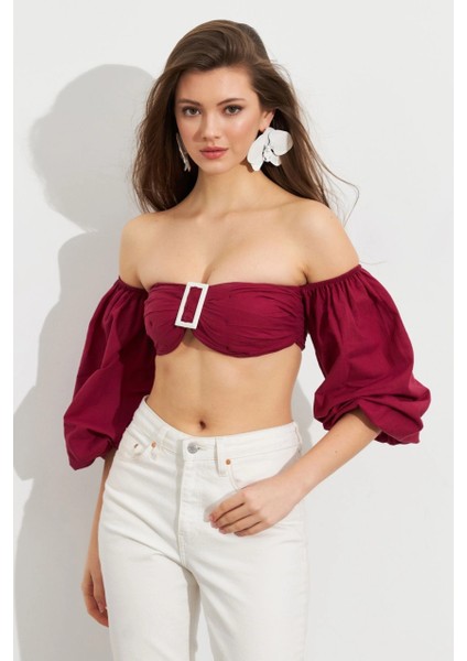 Kadın Bordo Balon Kol Crop Bluz ROP111