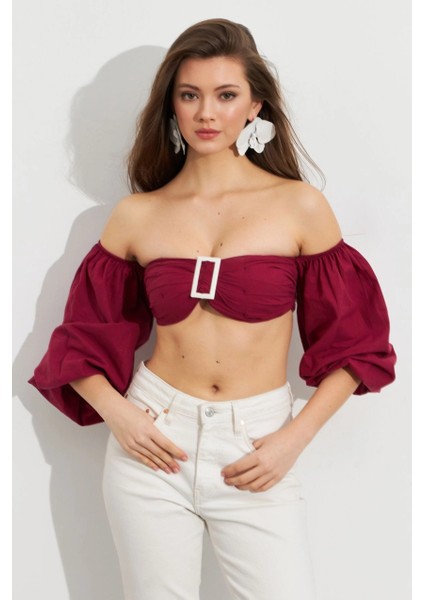 Kadın Bordo Balon Kol Crop Bluz ROP111 fiyatları