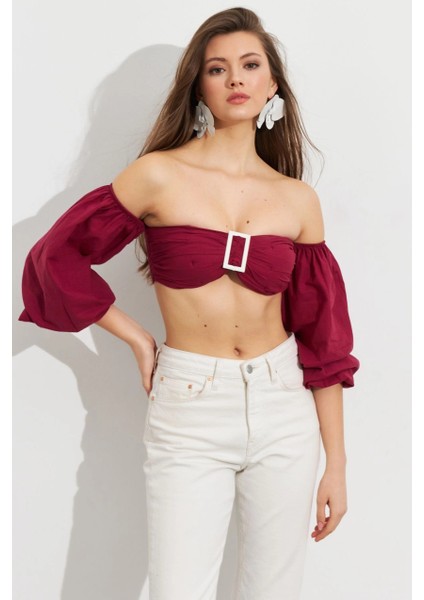 Kadın Bordo Balon Kol Crop Bluz ROP111 modelleri