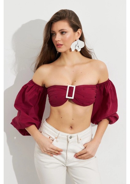 Kadın Bordo Balon Kol Crop Bluz ROP111 fırsatları