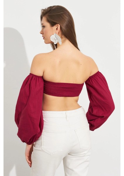 Kadın Bordo Balon Kol Crop Bluz ROP111 indirimleri