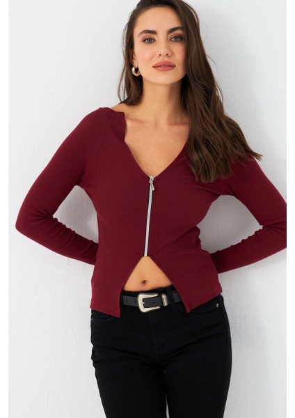 Kadın Bordo Fermuarlı Kaşkorse Bluz EY2954 modelleri