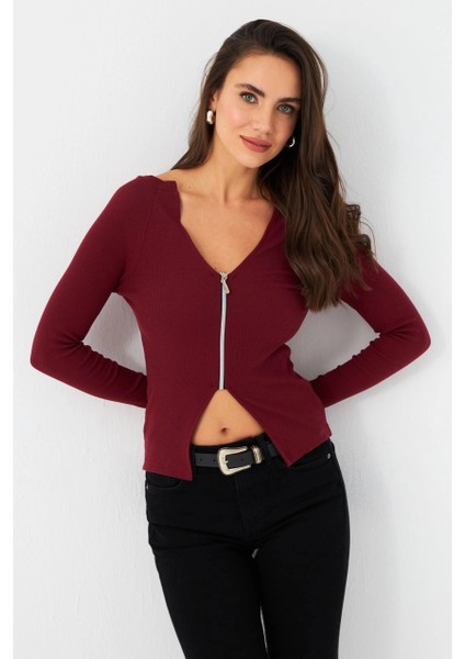 Kadın Bordo Fermuarlı Kaşkorse Bluz EY2954 fırsatları
