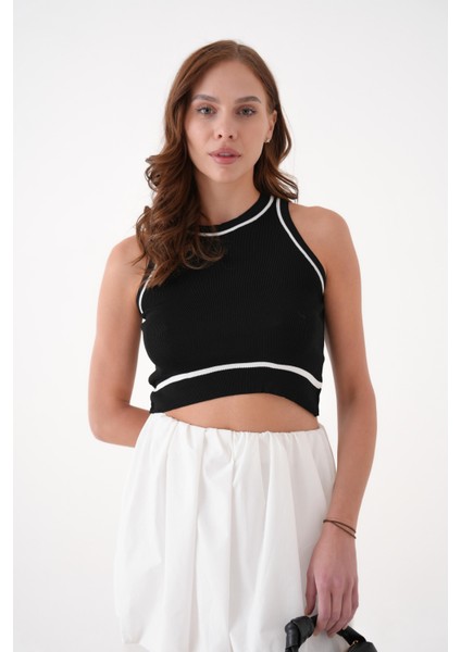 Halter Yaka Siyah Çizgi Detaylı Triko Crop Atlet modelleri