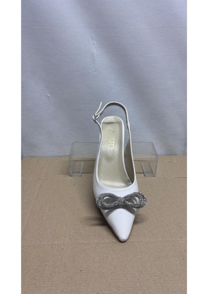 Kadın Fiyonk Taşlı Topuklu Ayakkabı Beyaz Arkası Açık Stiletto Günlük ve Özel Günler fiyatları