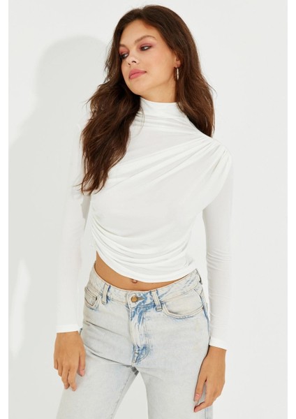 Kadın Beyaz Drapeli Bluz LPP1226 modelleri