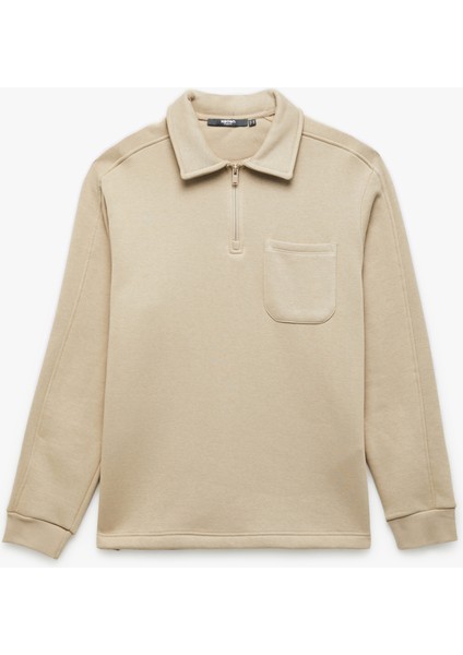 Şardonlu Cep Detaylı Uzun Kollu Fermuarlı Polo Yaka Sweatshirt