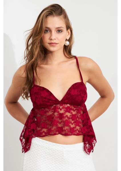 Kadın Bordo Askılı Dantel Crop Bluz MTK13458 fırsatları